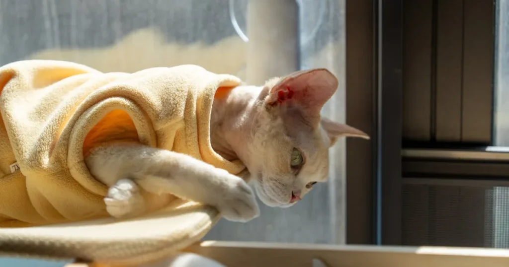 A Devon Rex cat in a yellow sweater enjoys the sunlight by a window in Shenzhen.