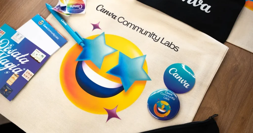 A vibrant display of Canva Community Labs tote, badges, and stationery.