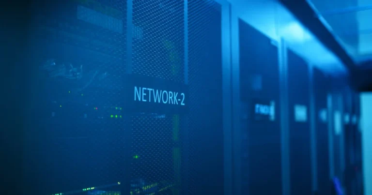 A modern server room featuring network equipment with blue illumination. Ideal for technology themes