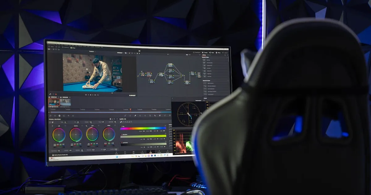 Curved monitor displaying video editing software in a tech-savvy workspace with mood lighting.