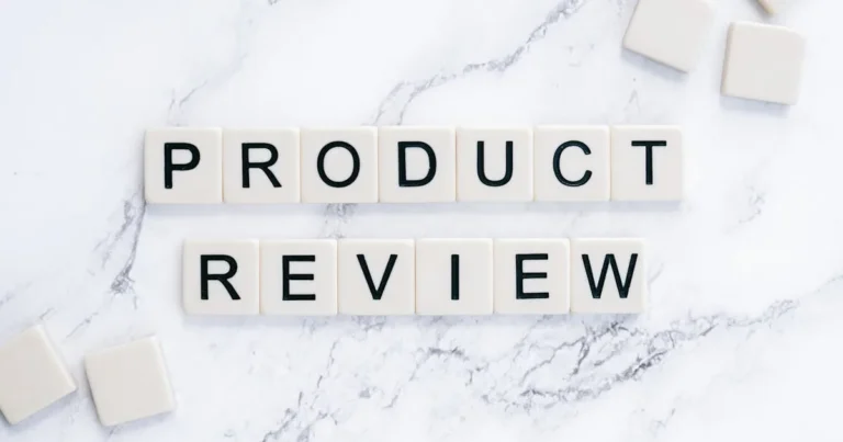 Scrabble tiles spelling 'Product Review' on a marble surface for conceptual illustration.