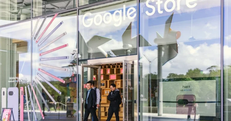 Bright and modern Google Store entrance with clear glass facade in Mountain View, California.